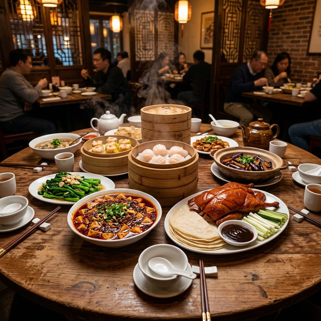 A grand Chinese feast featuring dim sum baskets, spicy mapo tofu, and carved Peking duck