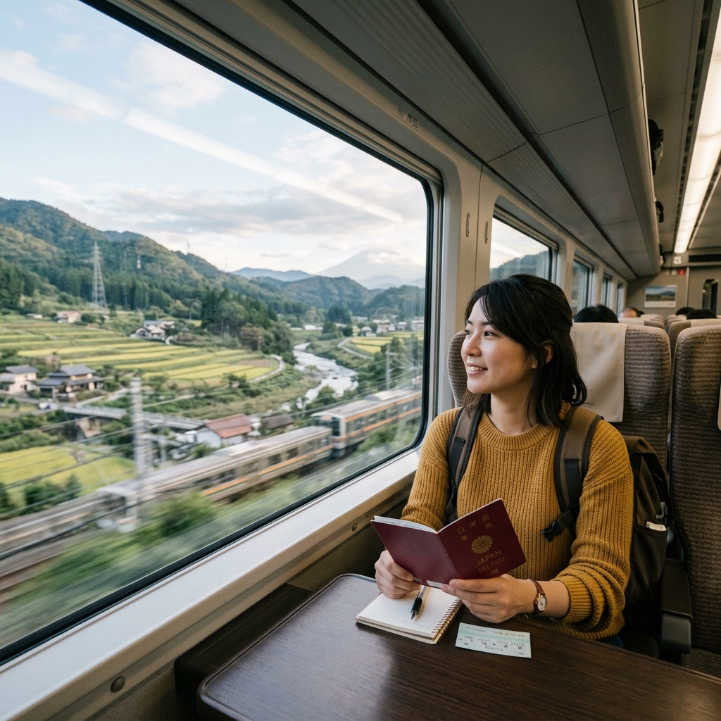 Japan Rail Pass shinkansen speeding through a rural landscape with Mount Fuji in the background, symbolizing efficient travel and iconic sights.