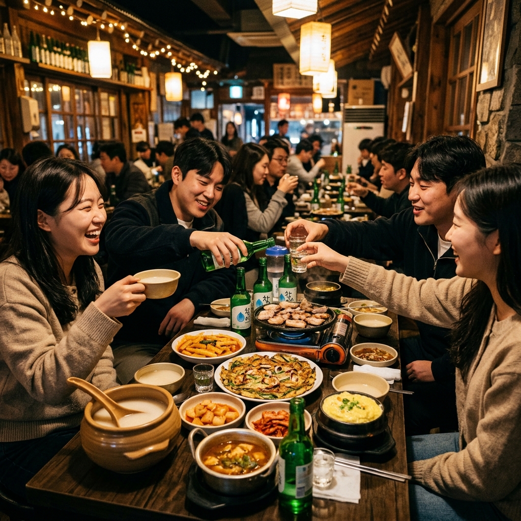 Alt text for Korean drinking culture: soju, makgeolli, and craft beer with friends toasting.