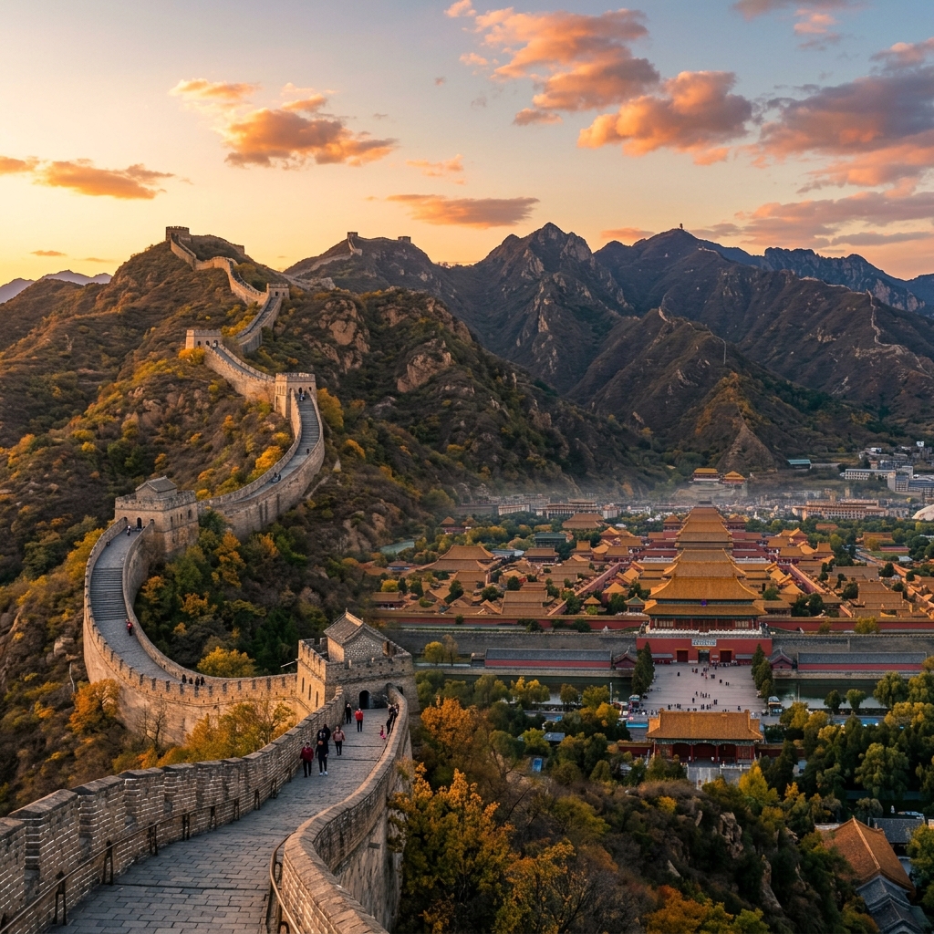 A panoramic view of the Forbidden City's rooftops and golden-tiled halls from Jingshan Hill
