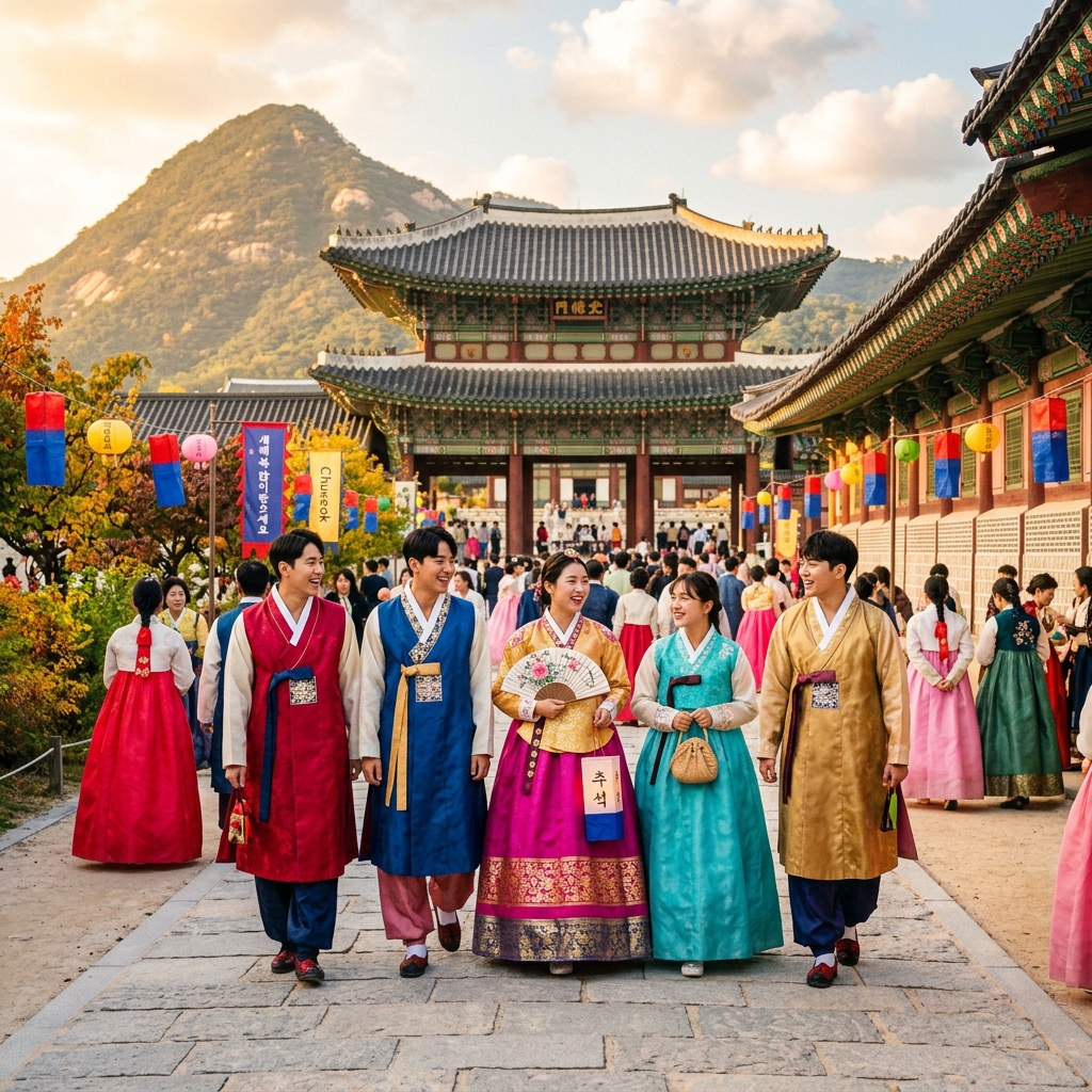Hanbok travelers in a grand royal palace during Chuseok holidays in Korea