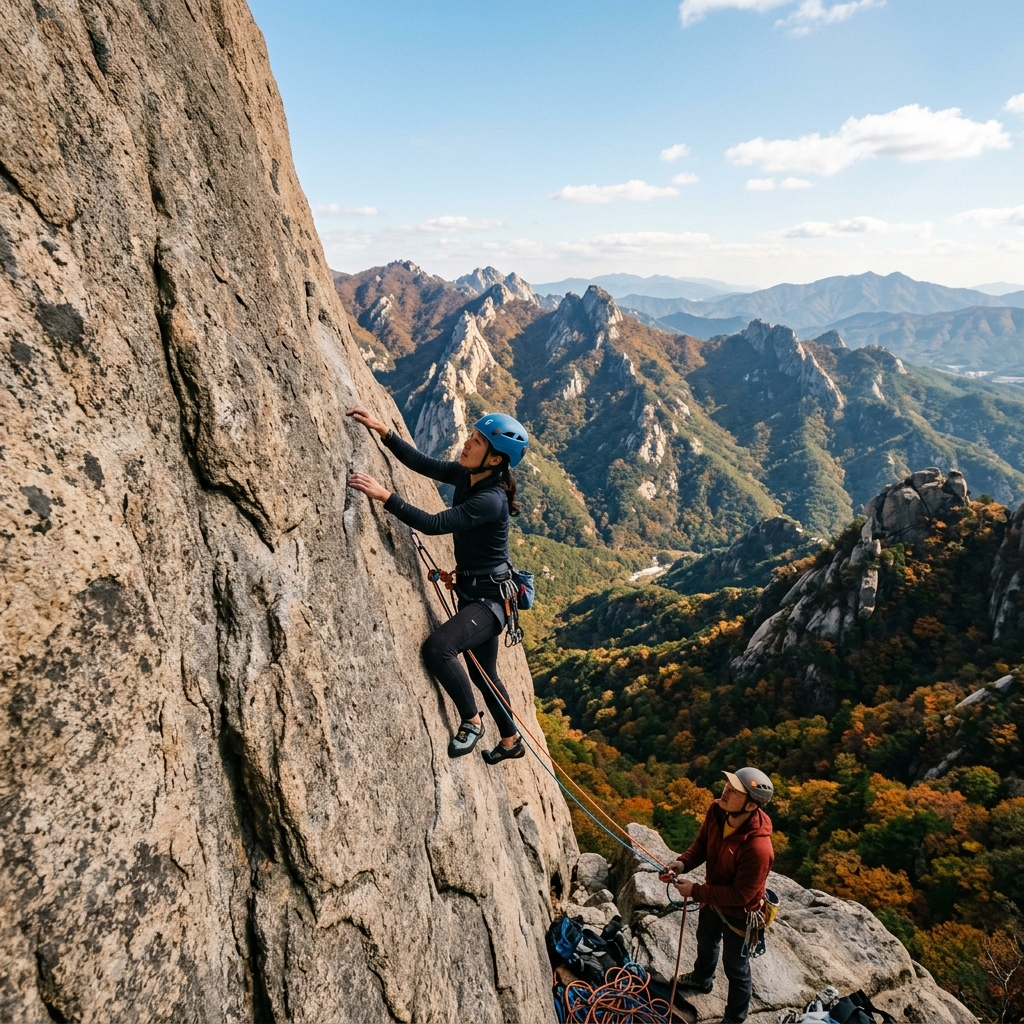 Climbers ascending a rock face in a scenic Korean national park.