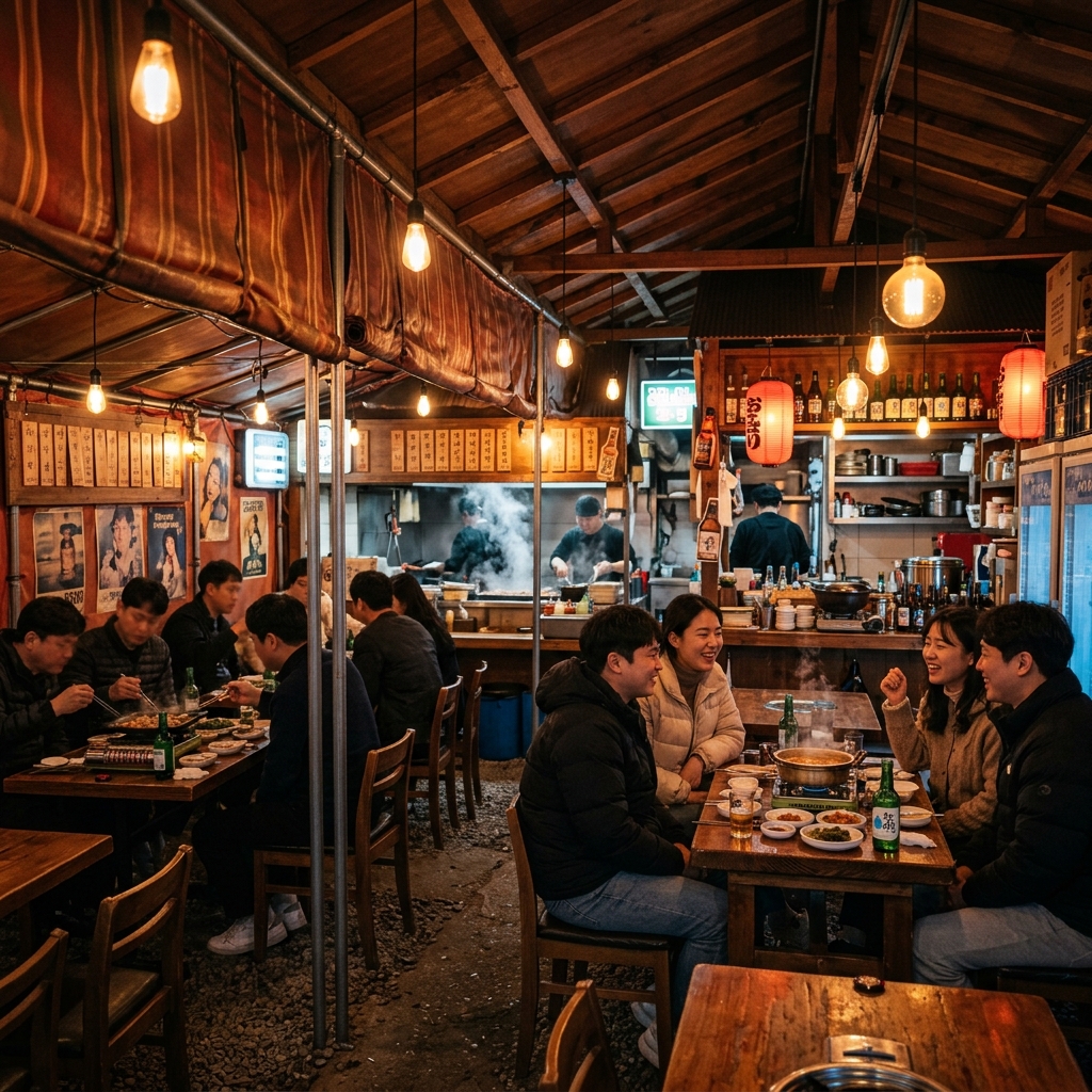 Cinematic view of a cozy Korean restaurant interior with warm lighting, capturing the atmosphere of a K-drama filming location