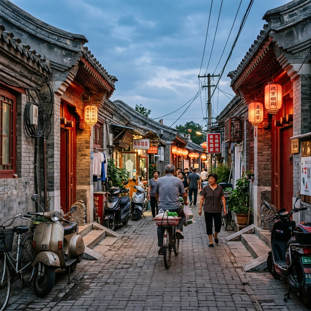 Narrow hutong alleyway with grey-brick walls and traditional courtyard gates in Beijing