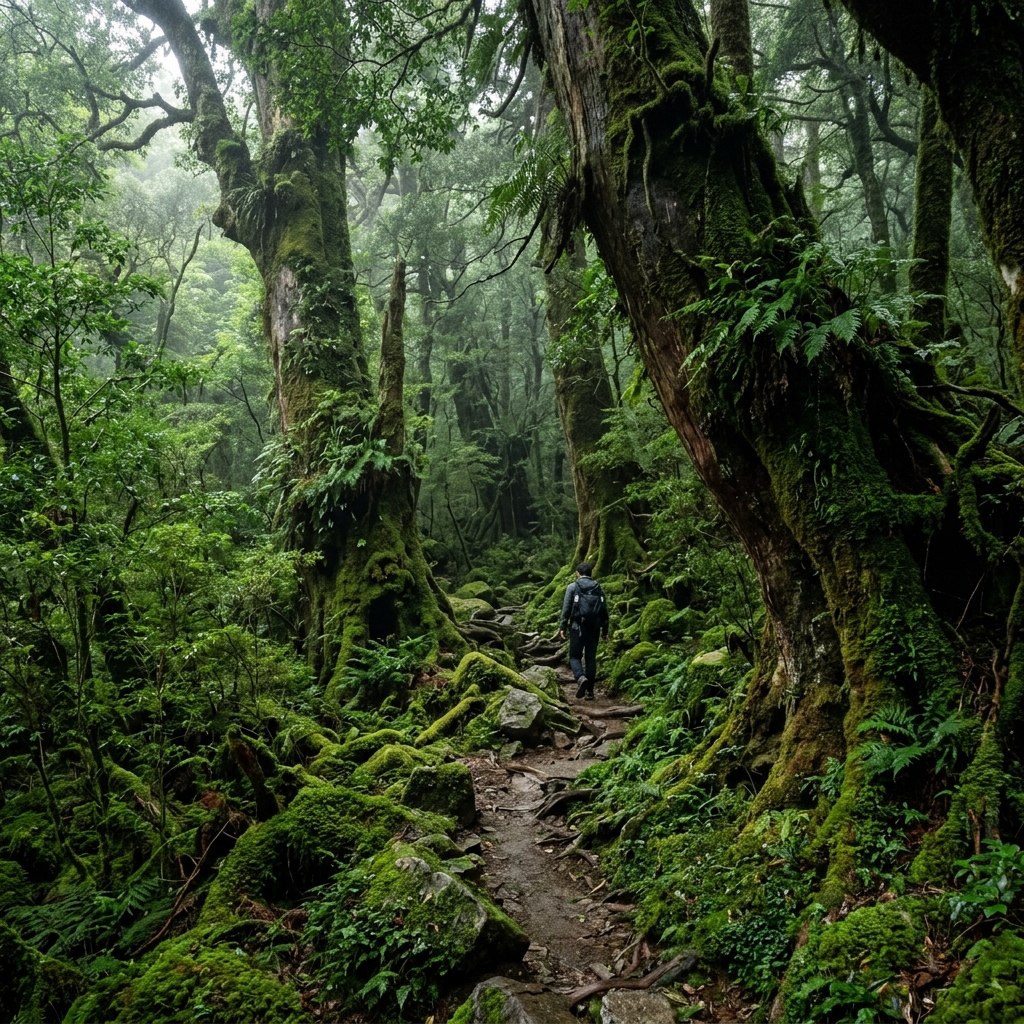 Ancient cedar tree on a misty trail in Yakushima Island