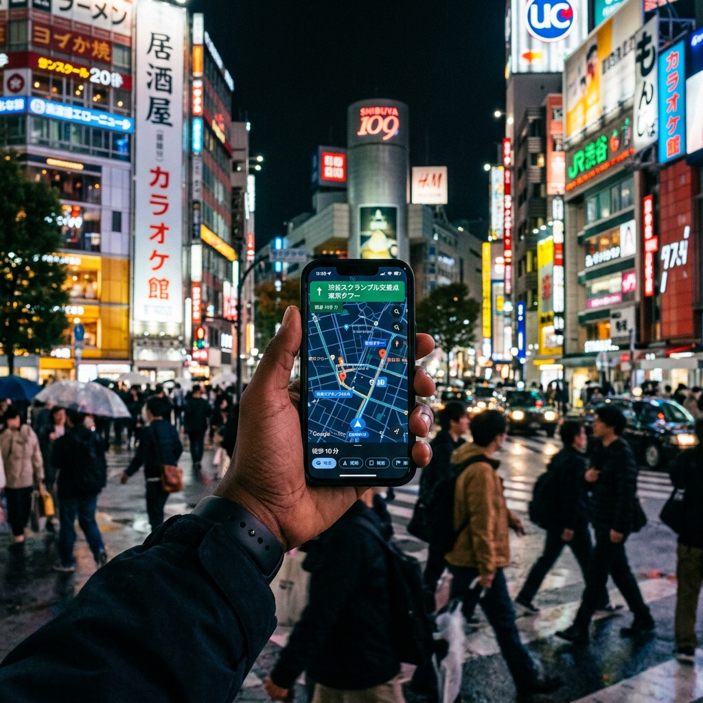 Traveler navigating Shibuya Crossing with a smartphone app