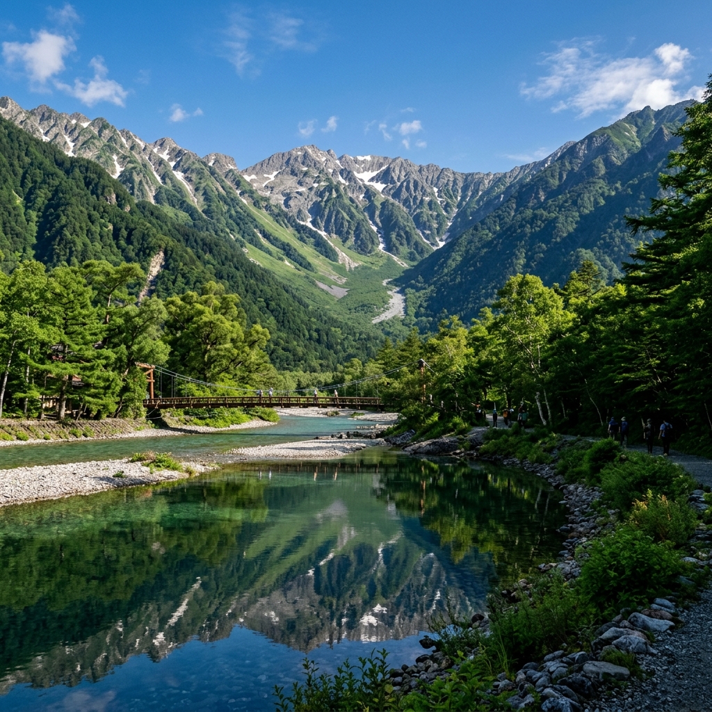 A stunning view of Kamikochi Valley with Kappa Bridge, the Azusa River, and Hotaka mountains in the background
