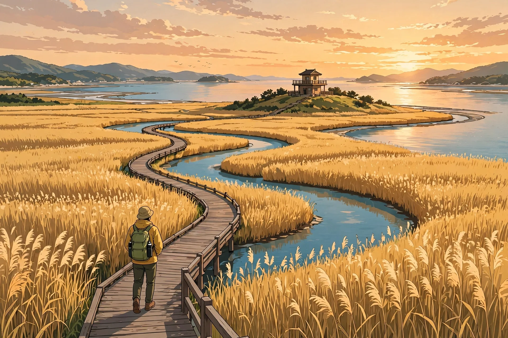 Suncheon Bay wetlands: the boardwalk, the reeds, and the sunset timing