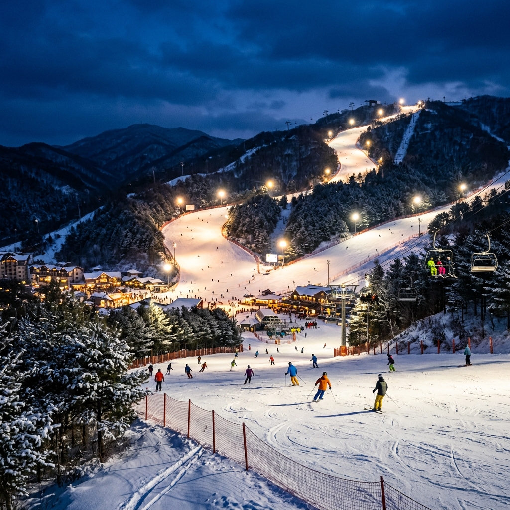 Skier enjoying fresh powder at a Korean ski resort