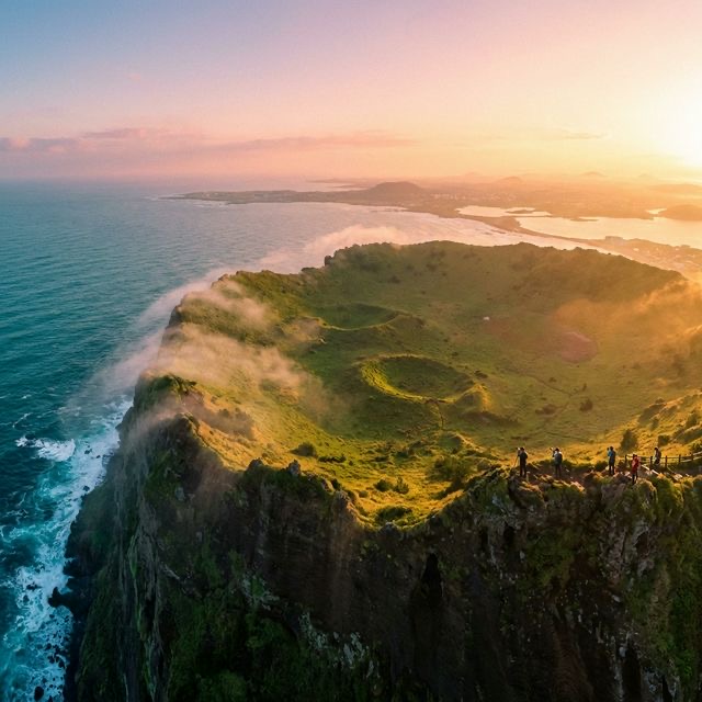 Seongsan Ilchulbong Sunrise Peak in Jeju Island at golden hour with crater and sea