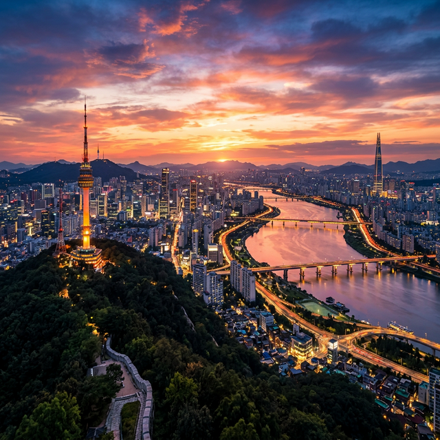 Seoul skyline with N Seoul Tower at sunset